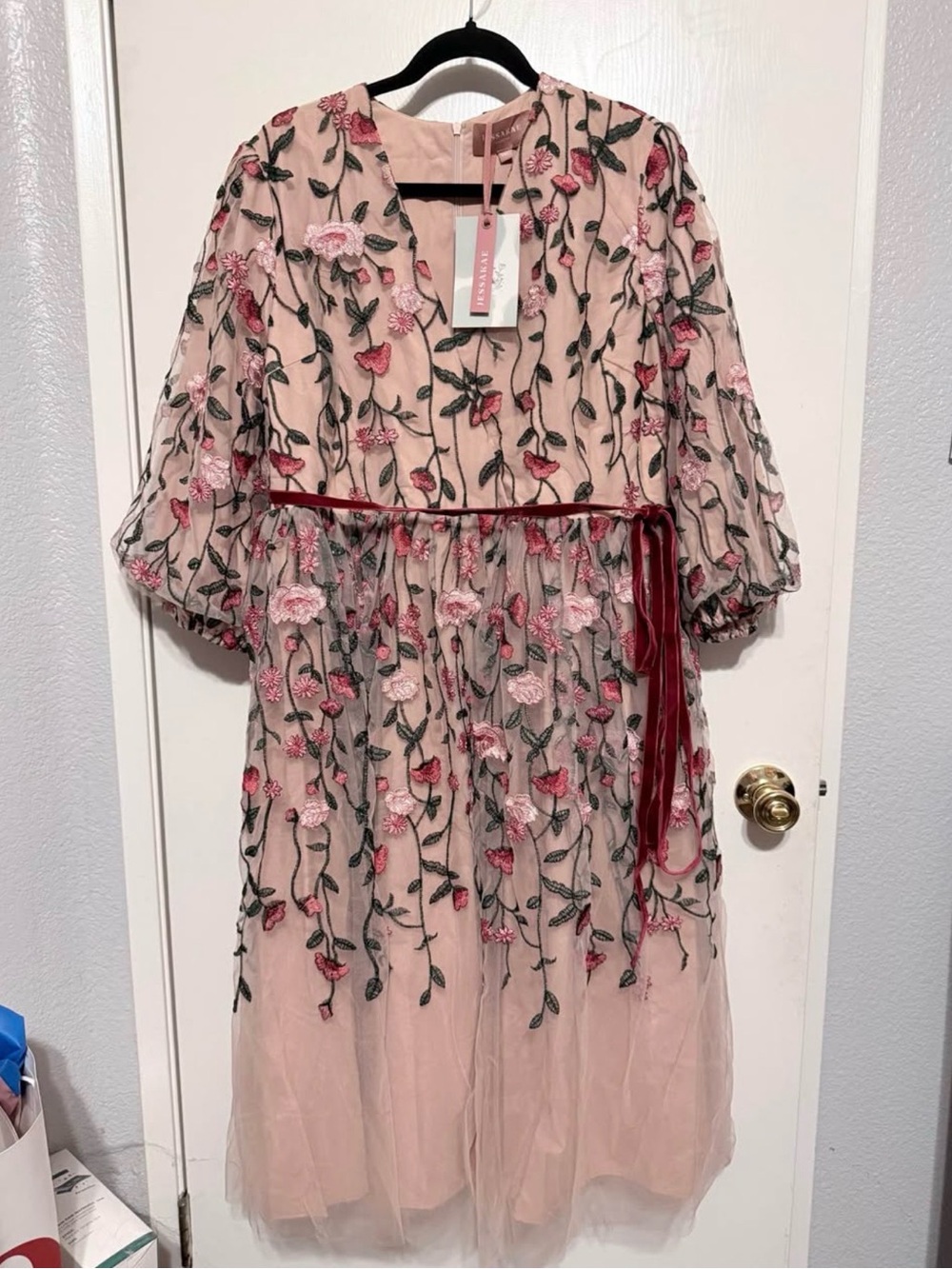 JessaKae Pink Floral Embroidered Tulle Dress with Velvet Sash